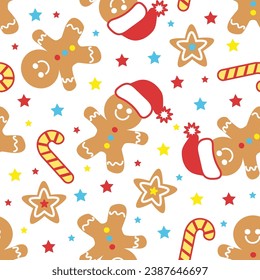 Pattern with gingerbread men, stars and candy canes on a white background. For the design of Christmas and New Year cards, backgrounds, fabric, wallpaper, wrapping paper, etc.Vector