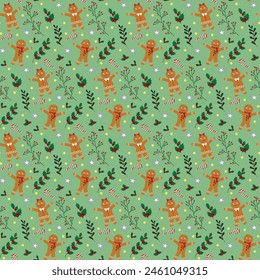 Pattern with gingerbread men. Sweet cane and winter plants. Christmas and New Year. Vector. For textiles, clothing, packaging, social networks and web pages, holiday decor.