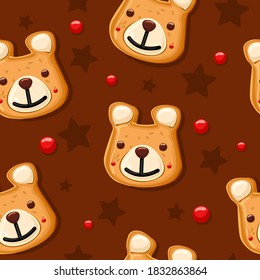 Pattern from gingerbread in the shape of a bear, new year, christmas. Icon.