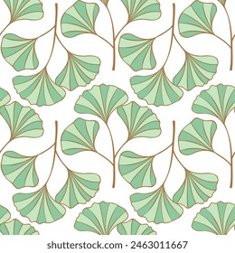 Pattern with Ginkgo biloba leaves mint green and gold color. On white background.