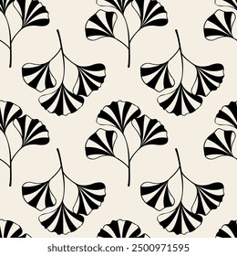 Pattern with Ginkgo biloba leaves silhouette dark color. On beige background.