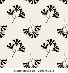 Pattern with Ginkgo biloba leaves silhouette dark color. On beige background.