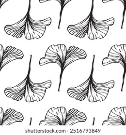 A pattern of ginkgo leaves is highlighted on a white background. A pattern of flowers. Vector illustration. For nature, eco and design. Hand-painted plants, a frame for a postcard.