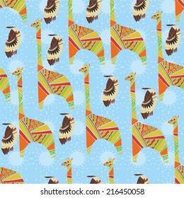 pattern with giraffe and a bird on a blue background. vector