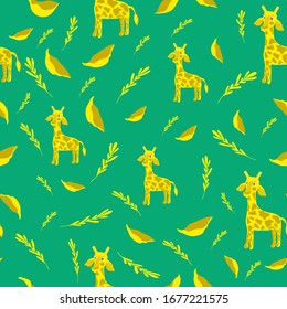 pattern with a giraffe on a green background with leaves and twigs, vector illustration with yellow giraffe, twig, leaves on a green background for packaging paper, sketchbooks, postcards, clothing