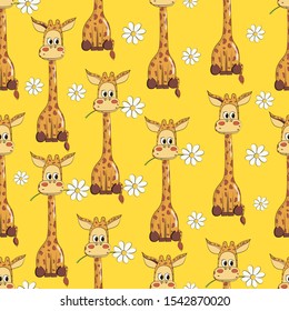 Pattern with a giraffe on a yellow background. Cute giraffe with flowers.