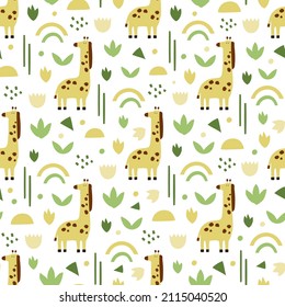 Pattern with giraffes and abstract elements. Yand drawn vector illustration