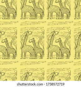 Pattern with giraffes mom and baby. Zoo, savannah with animals of Africa. Giraffe family Background for children and adults. Print, packaging, textiles, wallpaper. Isolate stock graphics