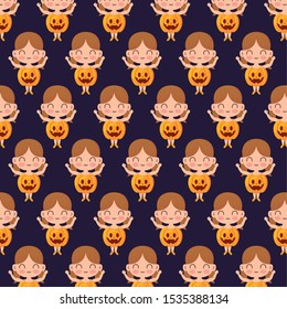 pattern of girl disguised as a pumpkin vector illustration design