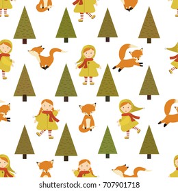 Pattern with a girl and a Fox. Autumn pattern with character