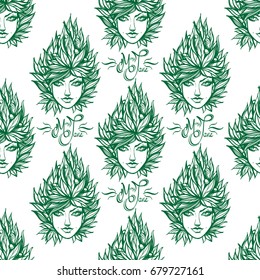 Pattern from girl with hairstyle of marijuana leaf. Color vector illustration isolated on white background