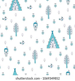 Pattern with a girl hunter and a bird in the wild forest among flowers and trees. Scandinavian style. Vector print for nursery.
