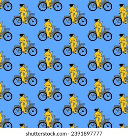 Pattern of a girl on a bicycle. Can be used as a background. Minimalistic illustration.