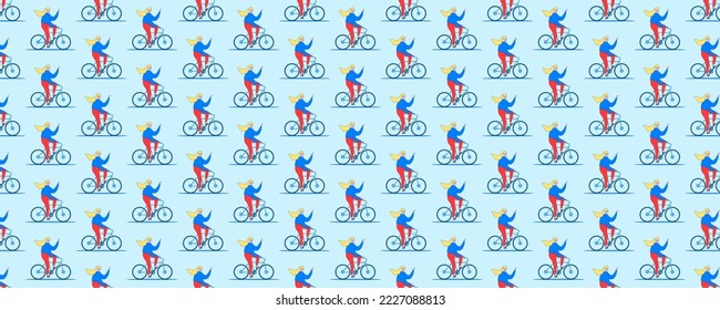 Pattern of a girl on a bicycle waving her hand. Panoramic image. Can be used as a background.