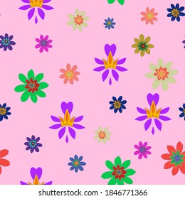 Pattern for the girl. Princess crown and flowers. Childrens vector seamless pattern. Gold crowns on a pink background. Small flowers of different colors and shapes.