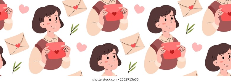 Pattern with Girl with red envelope with love message. Traditions and celebration background for of Valentine's Day. Feelings and relationships. For packaging, wallpaper. Vector flat illustration.