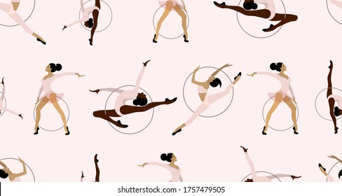 Pattern of girl rhythmic gymnastics with hoops vector illustration. Women Acrobatic Gymnastics, flat.