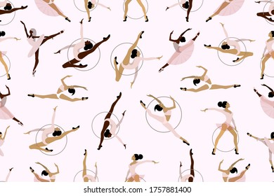 Pattern of girl rhythmic gymnastics with hoops and  ballet dancers vector illustration. Women Acrobatic Gymnastics, flat.