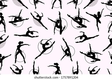 Patrón de gimnasia rítmica de niñas con aros y bailarinas de ballet ilustración vectorial. Mujeres Gimnasia Acrobática, plana.