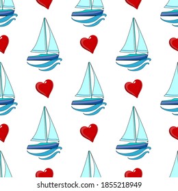 Pattern for a girl. Sailboat and heart on a white background with a water wave. Blue. blue and red colors. Great background for print and web pages.