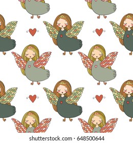 Pattern with girl Sirin. Mythological bird. Russian folklore. Vector illustration. 