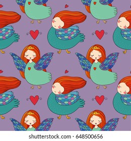 Pattern with girl Sirin. Mythological bird. Russian folklore. Vector illustration. 