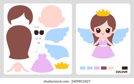 A pattern of a girl with wings ia behind her, for kids crafts for paper crafts. Vector illustration of princess with wings. cut and glue patterns for children's crafts.