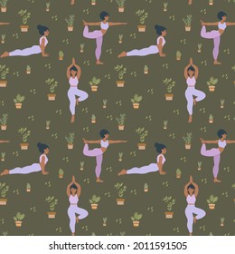 A pattern with a girl in a yoga pose. Yoga and pilates for women. Beautiful background for textiles in vector. . Vector illustration