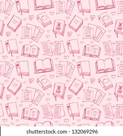 Pattern for girls with books, papers and hearts. Seamless background with sketches of copybooks