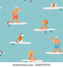 Patrón con niñas, niños y perros surfeando, chapoteando en tablas de sup. Textura veraniega sin fisuras vectorial.