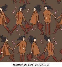 
Pattern with girls in coats and boots in motion. Postures while walking.