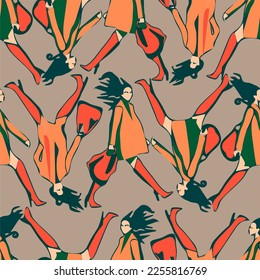 
Pattern with girls in coats and boots in motion. Postures while walking.