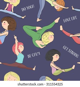 Pattern with girls doing yoga. Difficult asanas and exercises for health and physical fitness