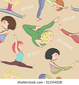 Pattern with girls doing yoga. Difficult asanas and exercises for health and physical fitness