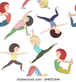 Pattern with girls doing yoga. Difficult asanas and exercises for health and physical fitness. Virabhadrasana, Dhanurasana, twine, Parshvottanasana