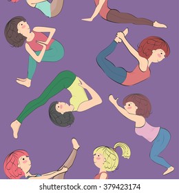 Pattern with girls doing yoga. Difficult asanas and exercises for health and physical fitness. purple color