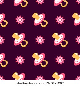 Pattern for girls with pacifier and flowers on dark background. For textiles, fabric, Wallpaper, decor, greetings, wrapping paper.
