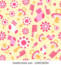 Pattern for girls with pacifier, flowers, socks, rattle, pink comb, hearts on a light background. Pattern for textile, fabric, Wallpaper, decor, greetings, wrapping paper.