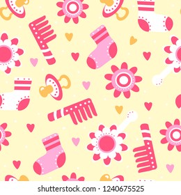 Pattern for girls with pacifier, flowers, socks, rattle, pink comb, hearts on light yellow background. Pattern for textile, fabric, Wallpaper, decor, greetings, wrapping paper.