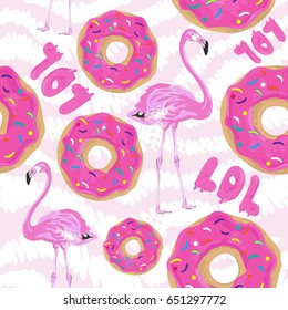 Pattern for girls, Repeating pink background with flamingos, donut, word lol. For fashion, kids clothes, textile, paper, web. 