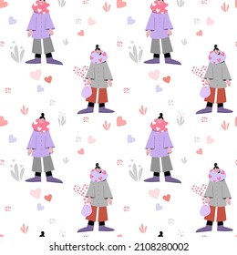 Chicas patrón. Día de San Valentín. Papel de regalo, papel de pared, carteles, postales, volantes, textiles, impresión, tipografía