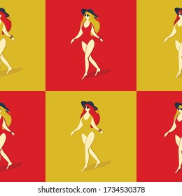 pattern with girls in a swimsuit in retro style