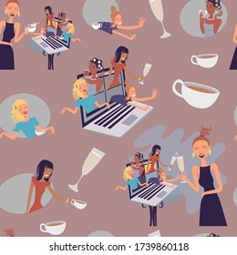 Pattern Girls video conference call via computer. 
Glasses of champagne. Cup of coffee. Stay at home and party from home concept during Coronavirus pandemic.
Vector. Cartoon illustration.