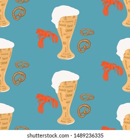 Pattern - Glass with beer, foam, lettering, pretzel, lobster, red cancer - pattern - light background -vector.