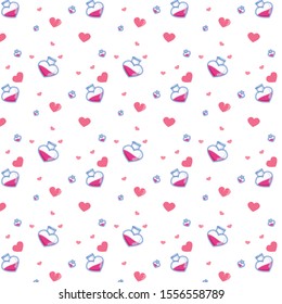 Pattern of glass bottles with a love potion and hearts
