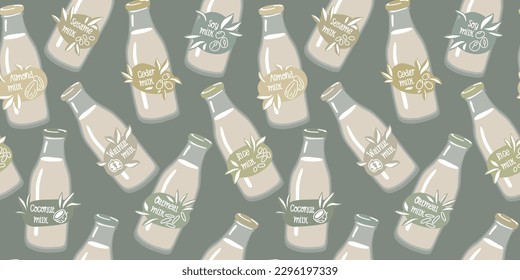 A pattern of glass bottles with vegetable milk labels. Coconut, almonds, soy, walnut, rice, oatmeal, etc. Vector background for printing on textiles and paper. Business, Marketing, Vegetarian