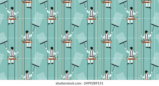 Pattern of glass cleaning workers washing  skyscraper windows. Seamless pattern cleaning window concept. Rope access window cleaning vector pattern.