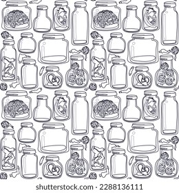 A pattern of glass jars with body parts in a contoured, linear style. The jars contain human ears, eyes, brains, hearts, and zombie fingers. The witch's supplies. Gift wrapped for Halloween, coloring