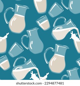 Un patrón de jarras de vidrio y gafas con leche. Ilustración vectorial, vidrio y jarra con leche y vacío. Fondo azul con recipientes de vidrio. Impresión sobre textiles y papel