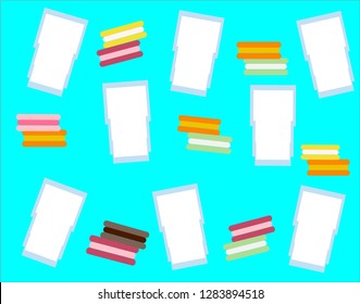 pattern glass of milk and macaroons on a blue background